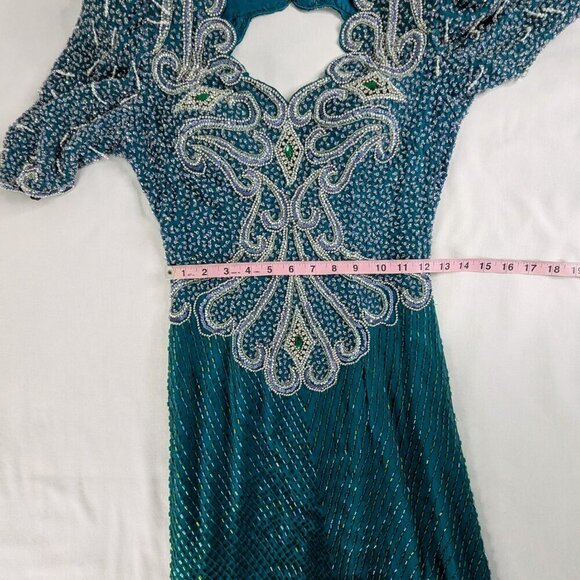 VTG Landa Teal Green Blue Silk Beaded Keyhole Back Maxi Dress Formal Glam - Picture 6 of 10